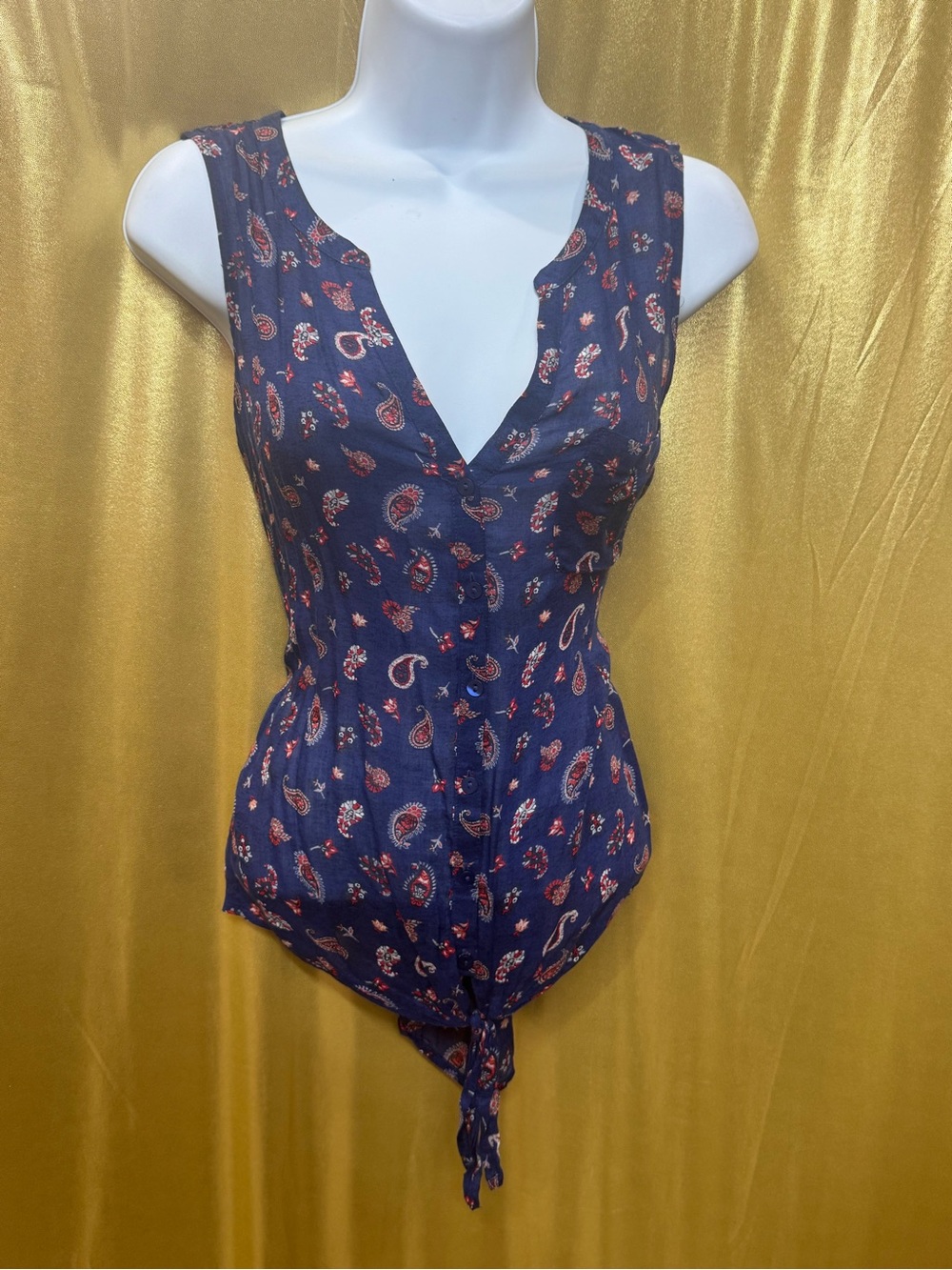 Lucky Brand Navy Paisley Sleeveless Tie-Front Top - Size M